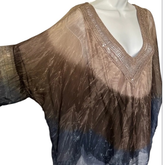 Saks Fifth Avenue Italy silk blouse tie dye tab sleeves crochet bohemian S - Picture 3 of 8